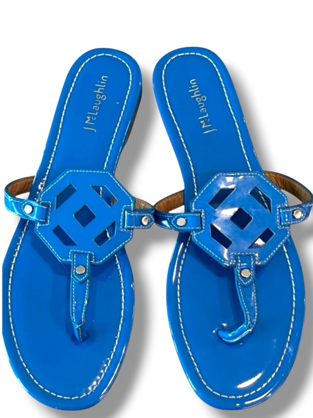 J McLaughlin Lucy Patent Leather Medallion Thong Sandals Blue 8.5